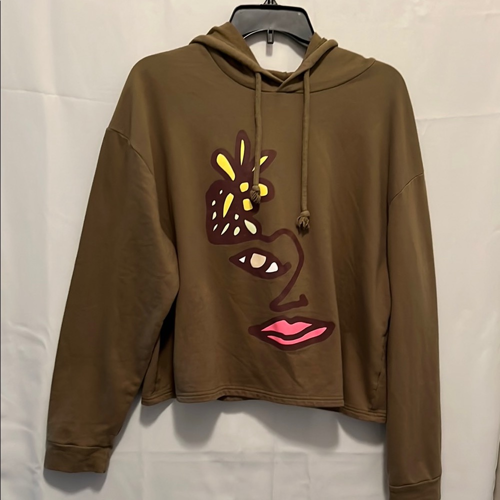 #takepride Greenish Brown Graphic cropped Hoodie with Abstract Design USED XL